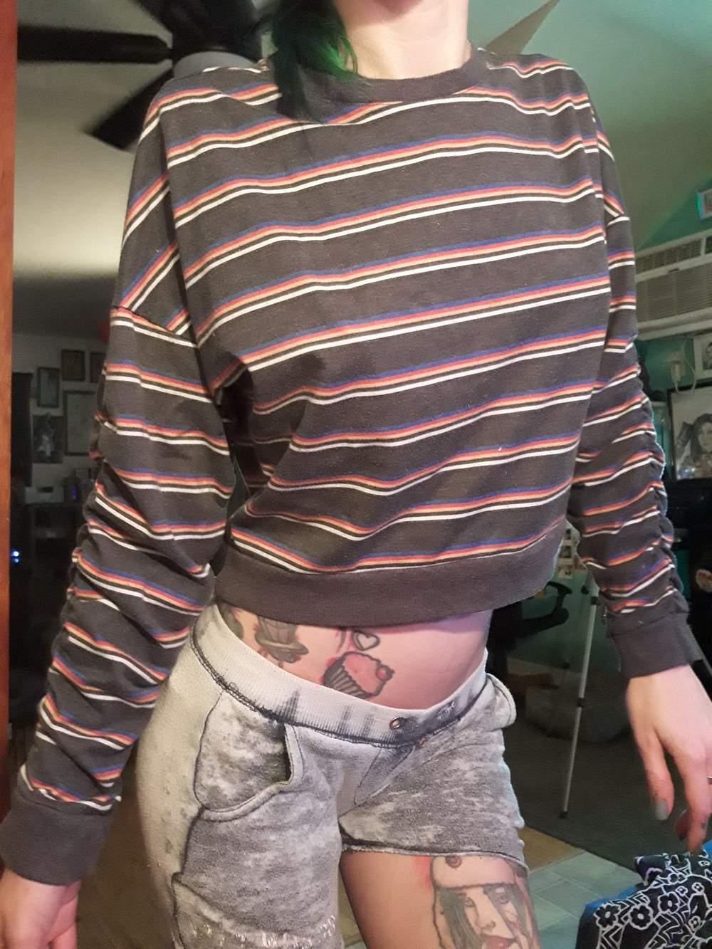 Striped Cropped Crewneck Sweater - Charcoal with Multicolor Stripes